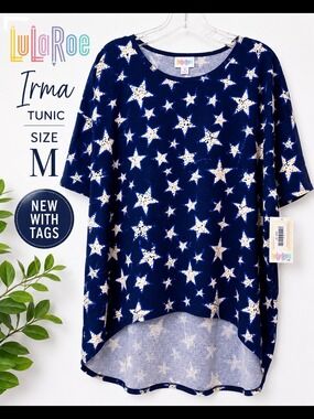 LuLaRoe Irma Tunic Top NWT Navy Blue White Star Print Patriotic Medium